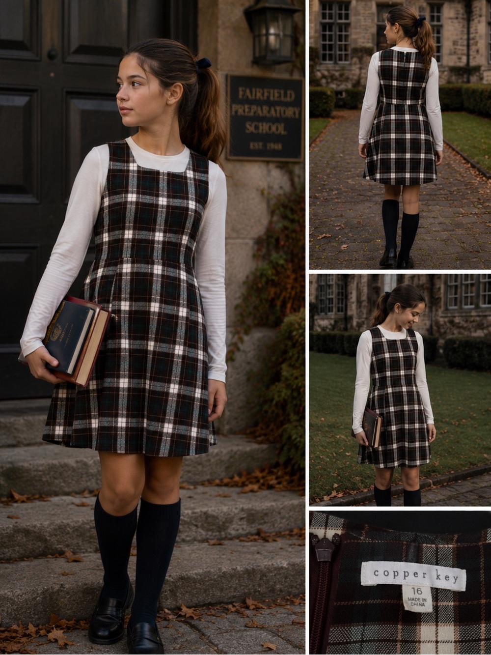 Copper Key Girls Size 16 Plaid Fit & Flare Dress Brown Green Tartan Sleeveless B